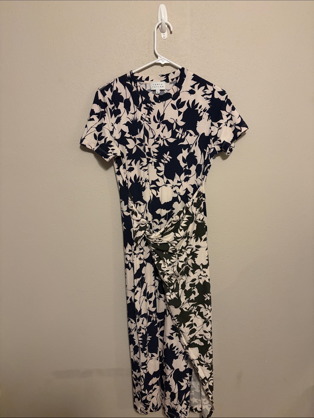 Tanya Taylor Navy and White Floral Twist-Waist Midi Dress